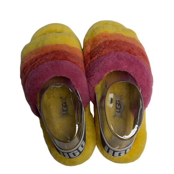 UGG Fluff Yeah Slide Pride Rainbow Yellow Fur Slippers Womens Size 7 - Picture 2 of 8